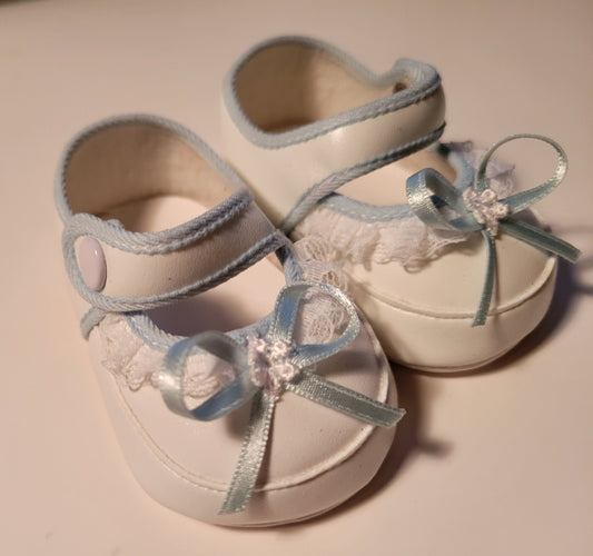 White Lace & Blue Bow Doll 90mm Baby Doll Shoes New Old Stock Tallinas