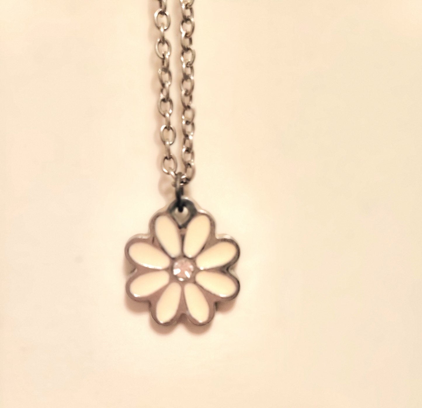 White DAISY Rhinestone Charm Pendant Necklace Kids,Youth, Teens, Adults