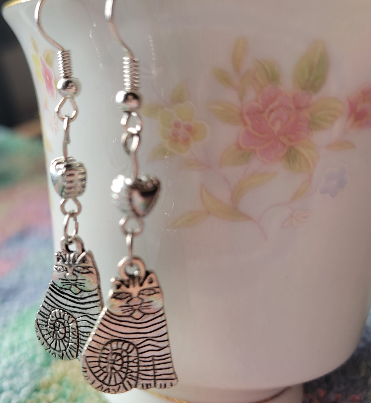 Tabby Cat Puff Heart Dangle Drop French Wire Tibetan Silver Earrings