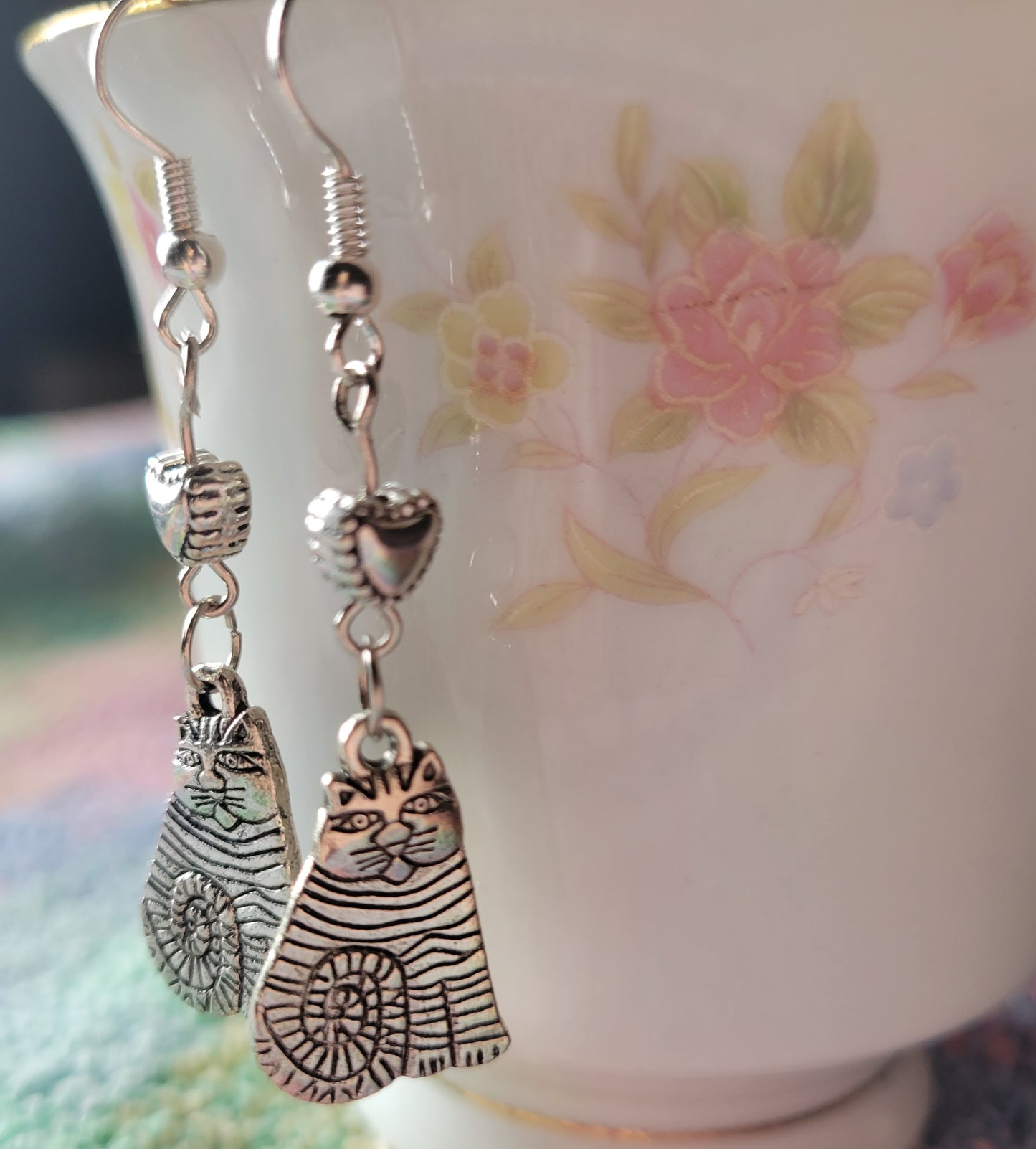 Tabby Cat Puff Heart Dangle Drop French Wire Tibetan Silver Earrings