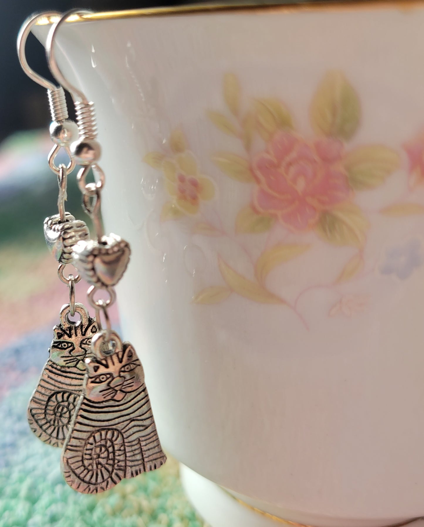 Tabby Cat Puff Heart Dangle Drop French Wire Tibetan Silver Earrings