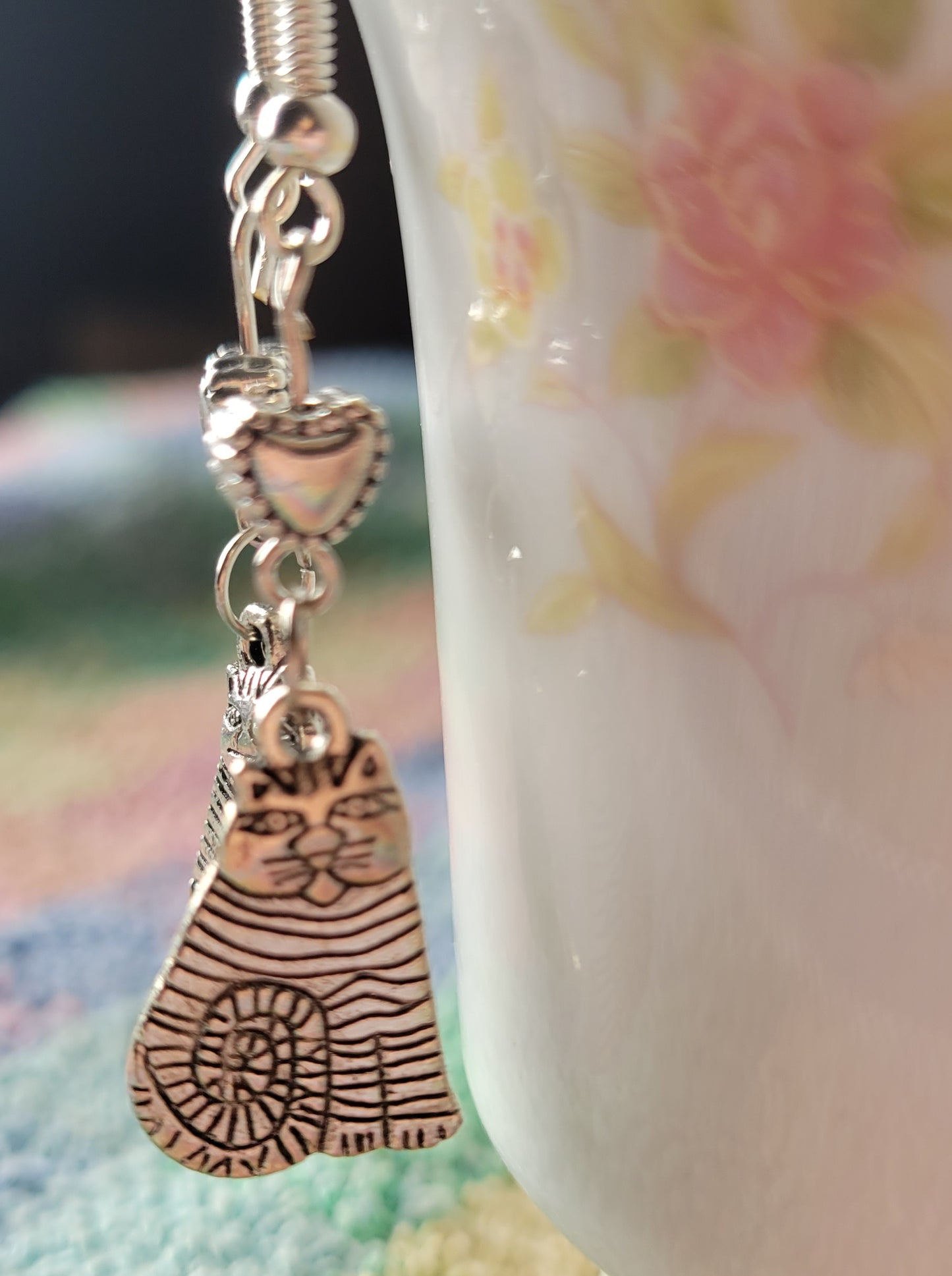 Tabby Cat Puff Heart Dangle Drop French Wire Tibetan Silver Earrings