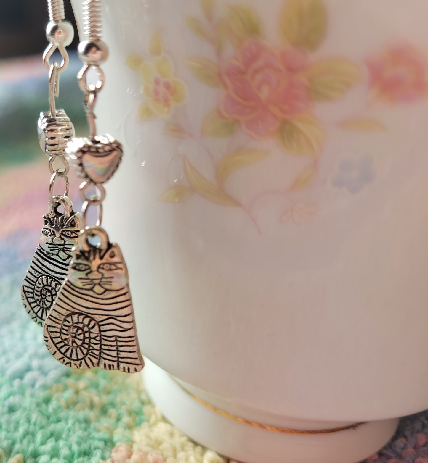 Tabby Cat Puff Heart Dangle Drop French Wire Tibetan Silver Earrings