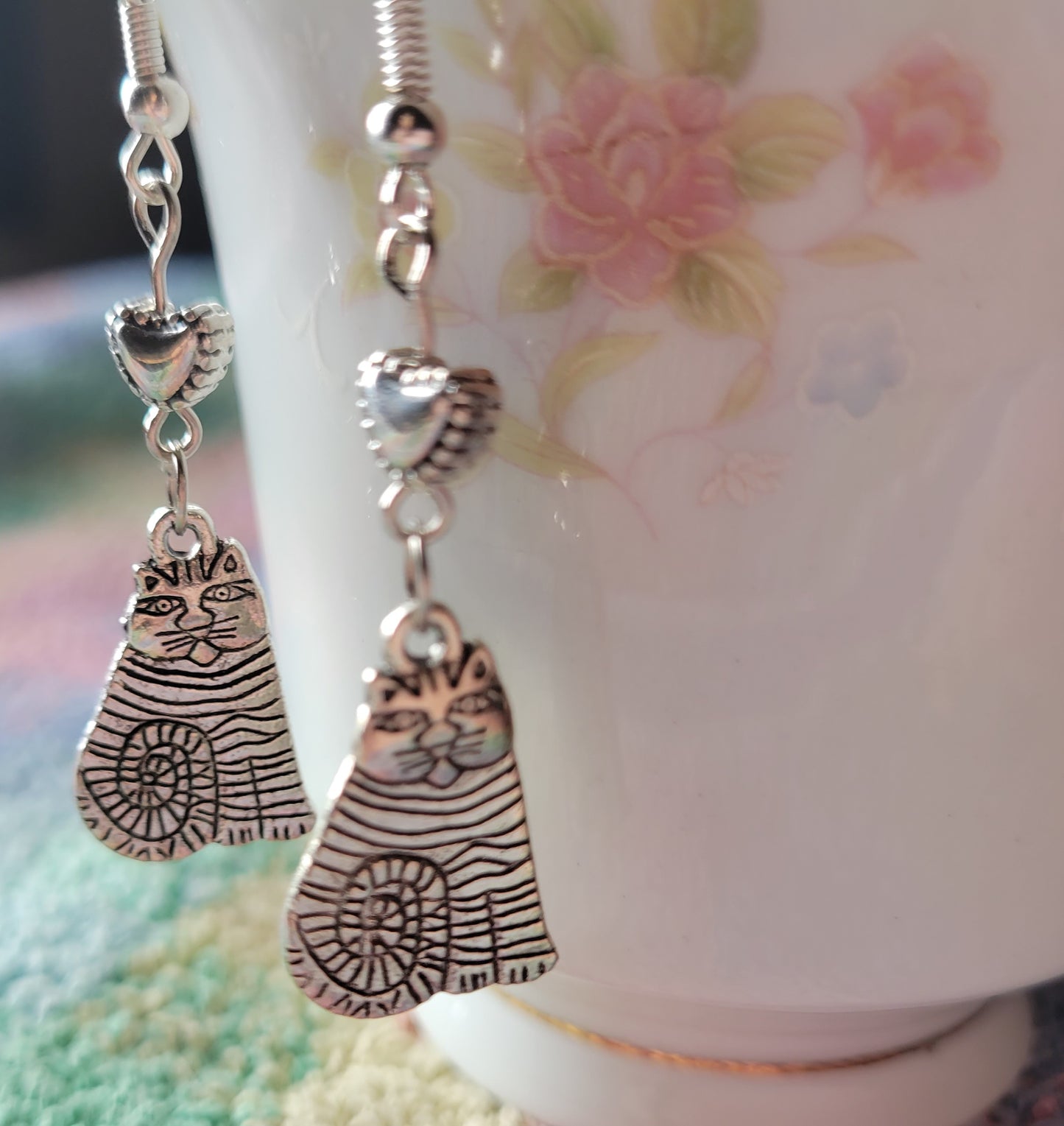 Tabby Cat Puff Heart Dangle Drop French Wire Tibetan Silver Earrings