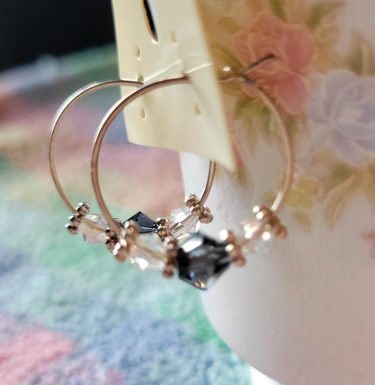 Purple Crystal Silver Tone Hoop Beaded Fashion Earrings
