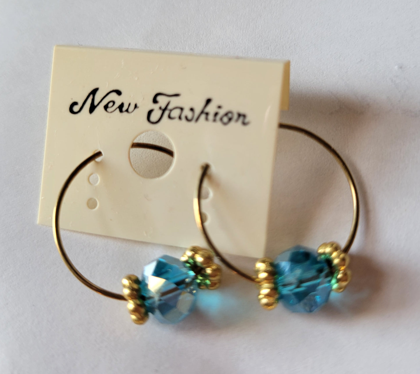 Turquoise Crystal Gold Tone Hoop Beaded Fashion Earrings 1" Small Hoops