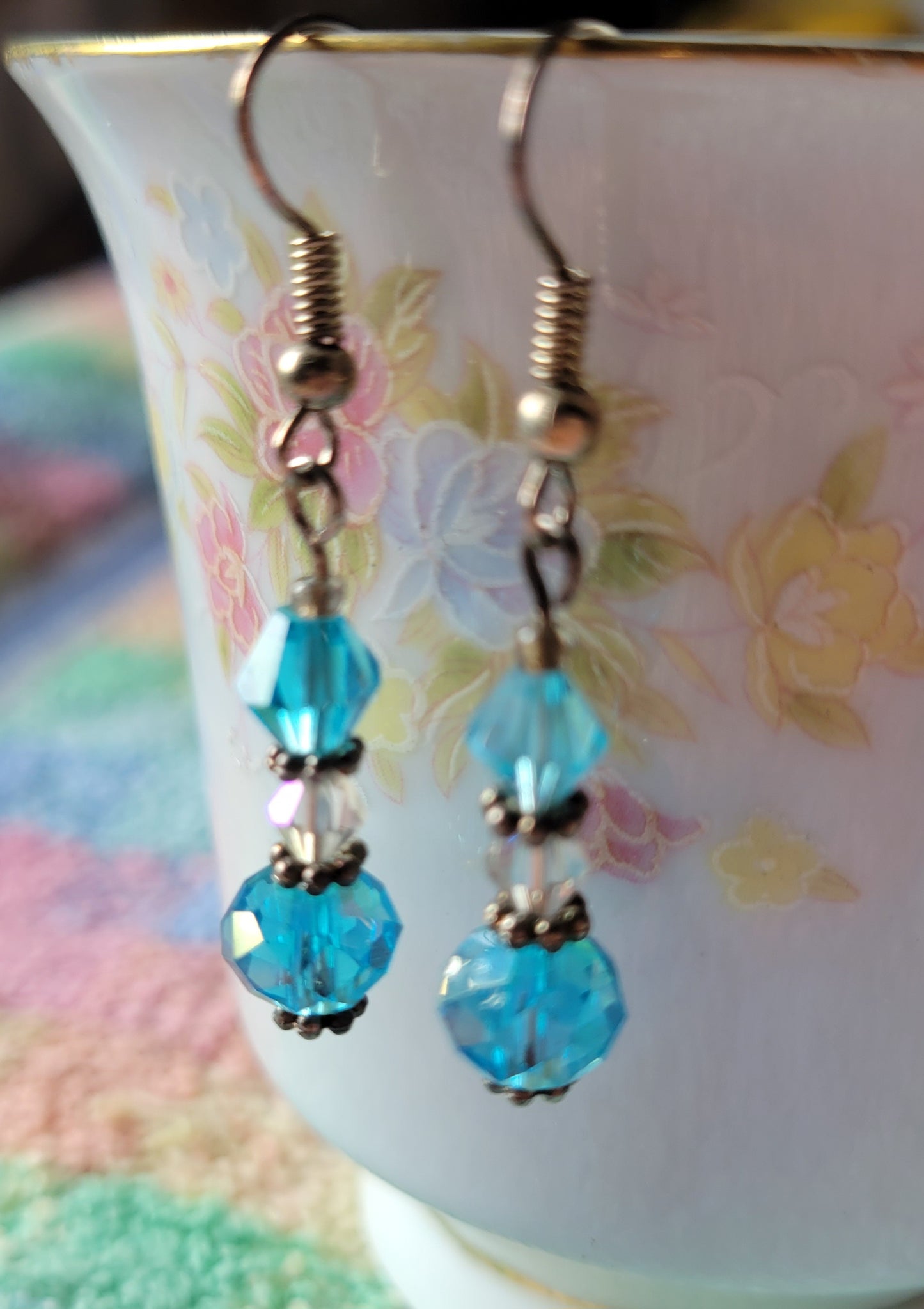 Pretty Silver Tone Turquoise Crystal Dangle Drop Fashion Earrings