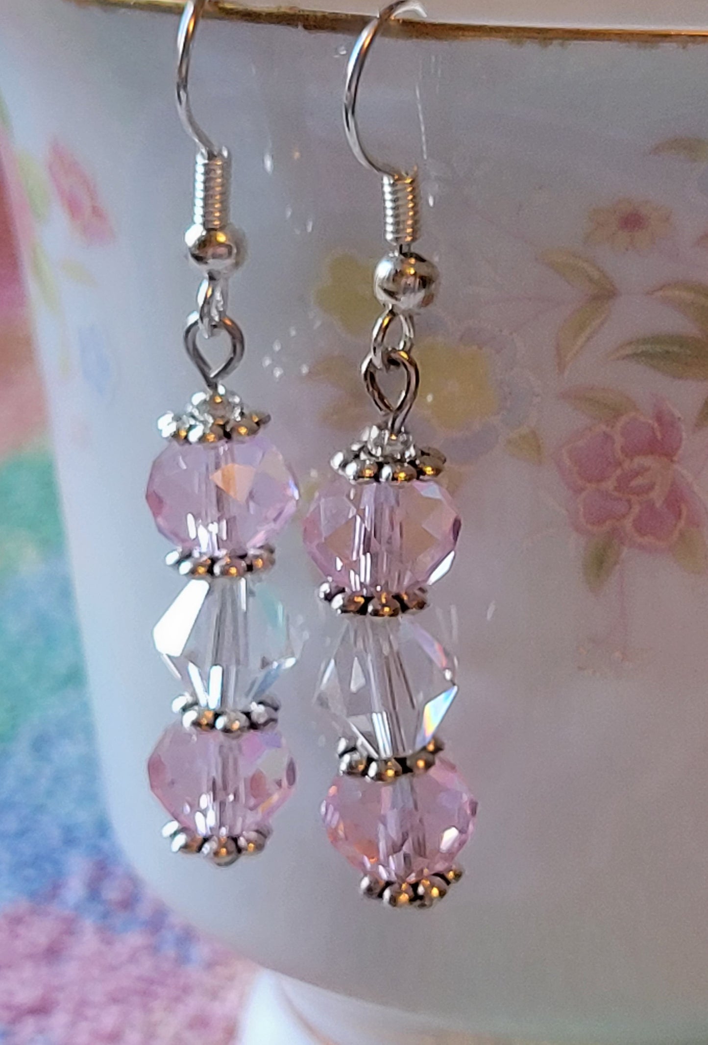Pretty Silver Tone Pastel  Pink & Clear Crystal Dangle Drop Fashion Earrings