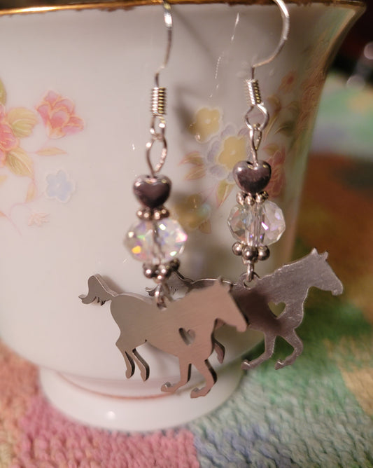 Artisan HORSE 🐎 Dangle Drop Crystal Heart Silvertone Earrings French Wires