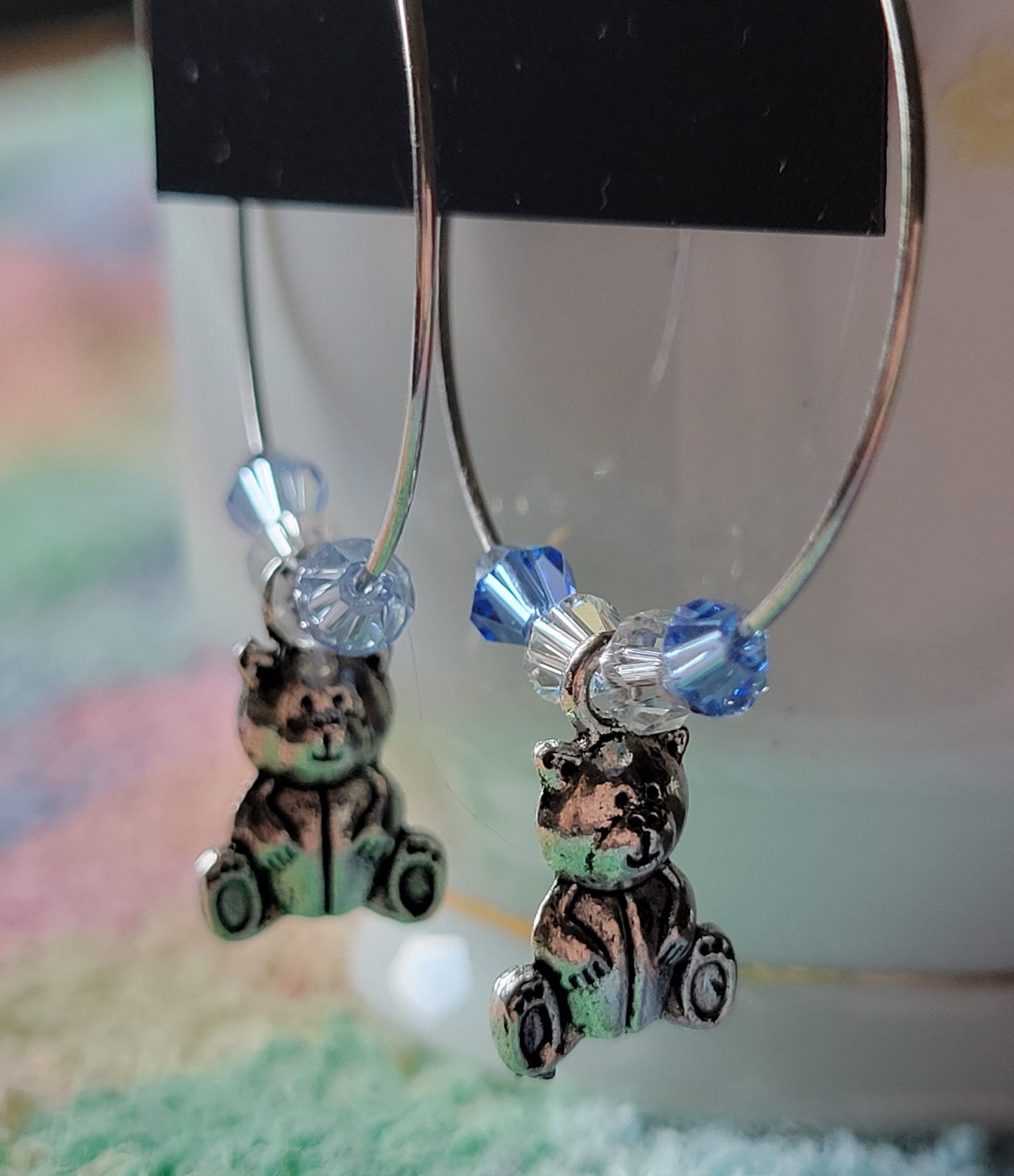 TEDDY BEAR 🧸 HOOP Earrings Blue Crystals Silver Tone Pierced Fashion Earrings