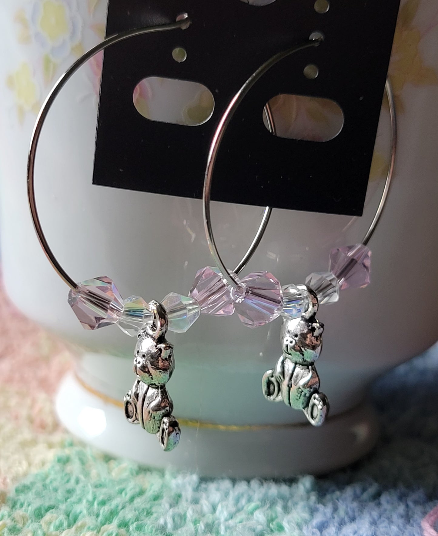 TEDDY BEAR 🧸 HOOP Earrings PINK Crystals Silver Tone Pierced Fashion Earrings