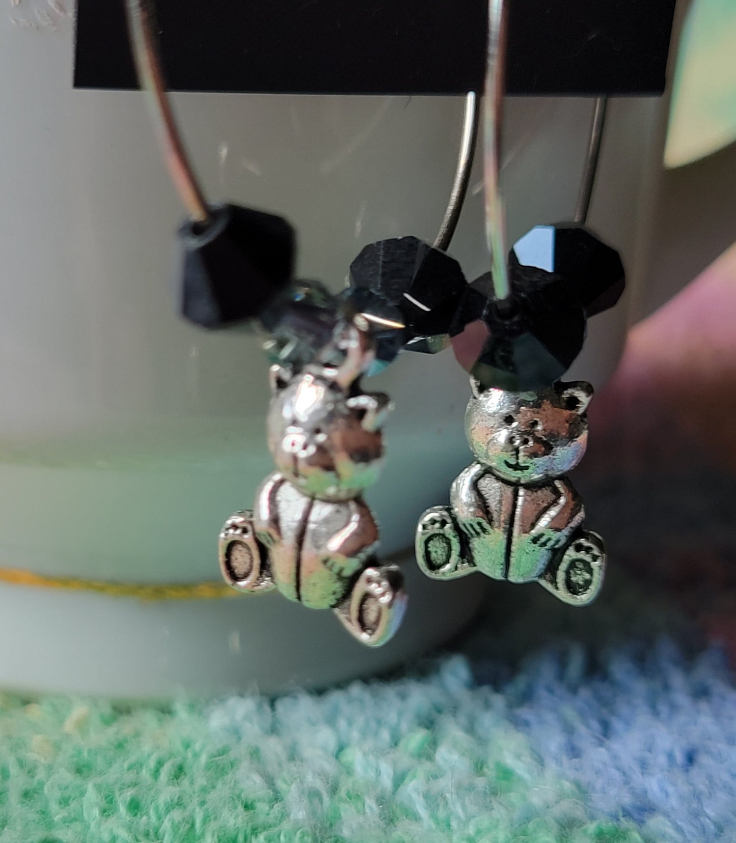 TEDDY BEAR 🧸 HOOP Earrings  Black & Gray Crystals Silver Tone Pierced Fashion Earrings
