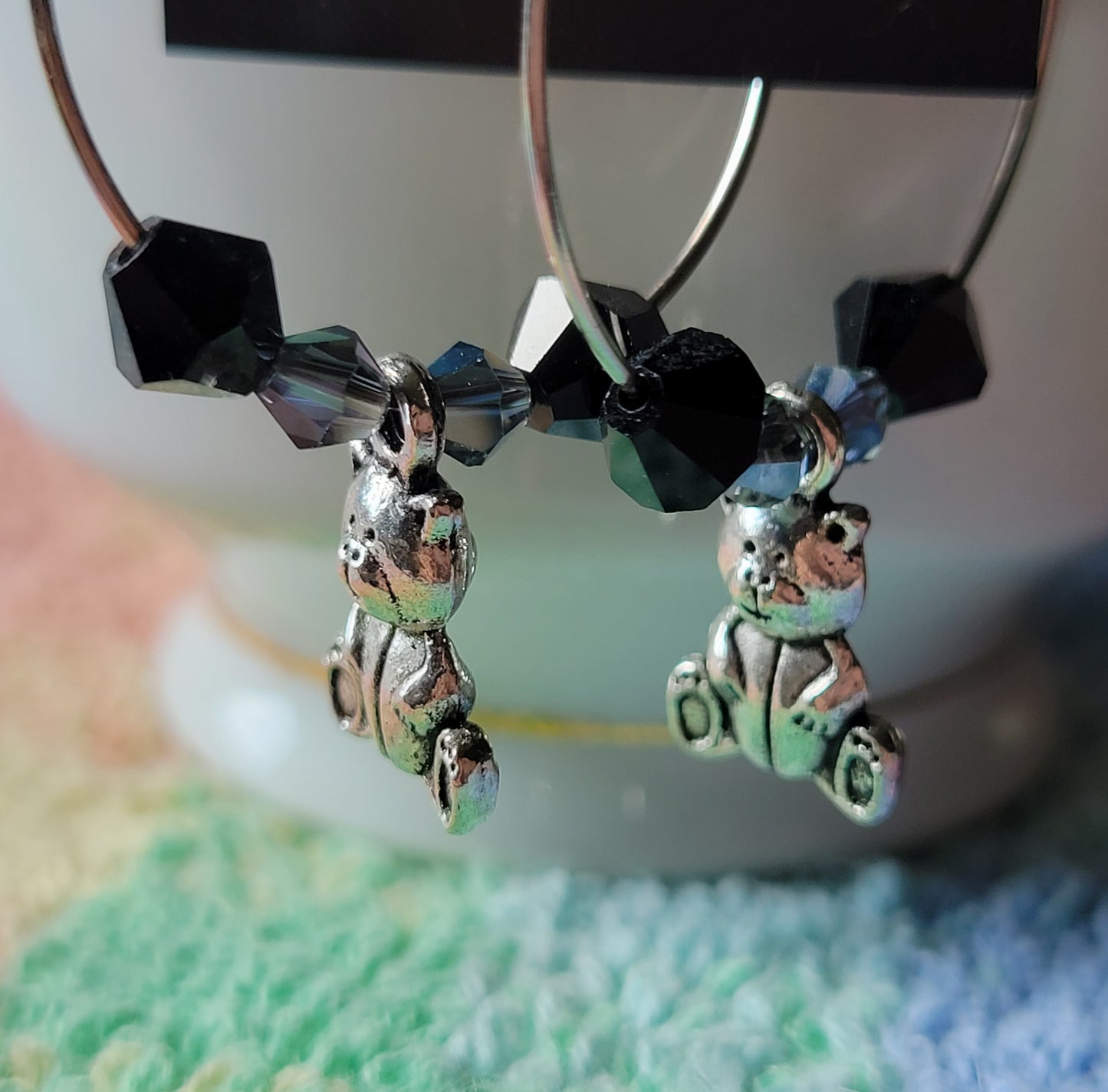 TEDDY BEAR 🧸 HOOP Earrings  Black & Gray Crystals Silver Tone Pierced Fashion Earrings