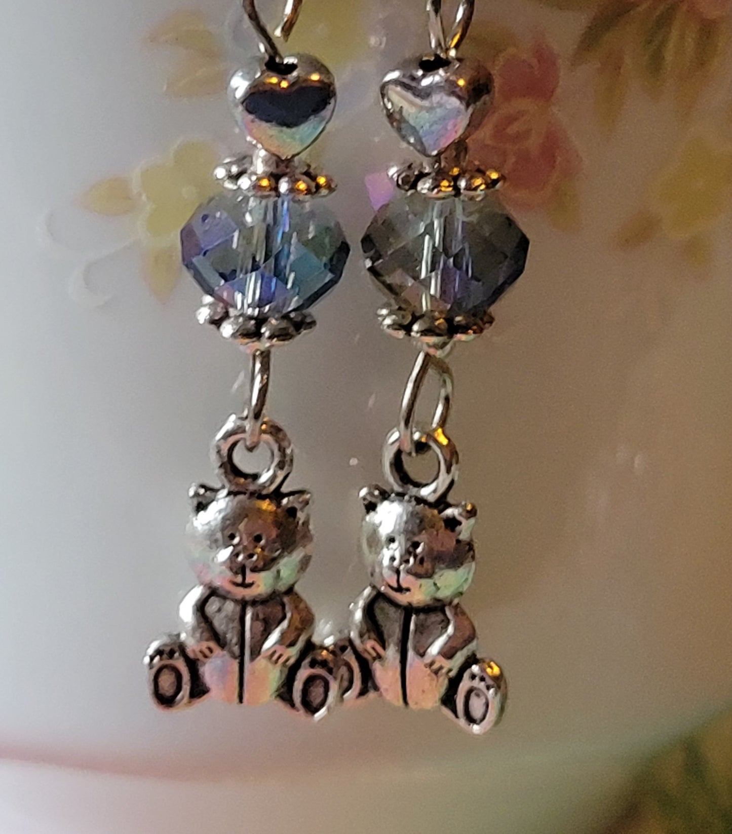 TEDDY BEAR 🧸 Purple Crystal Dangle Drop Silver Tone Pierced Earrings French wires