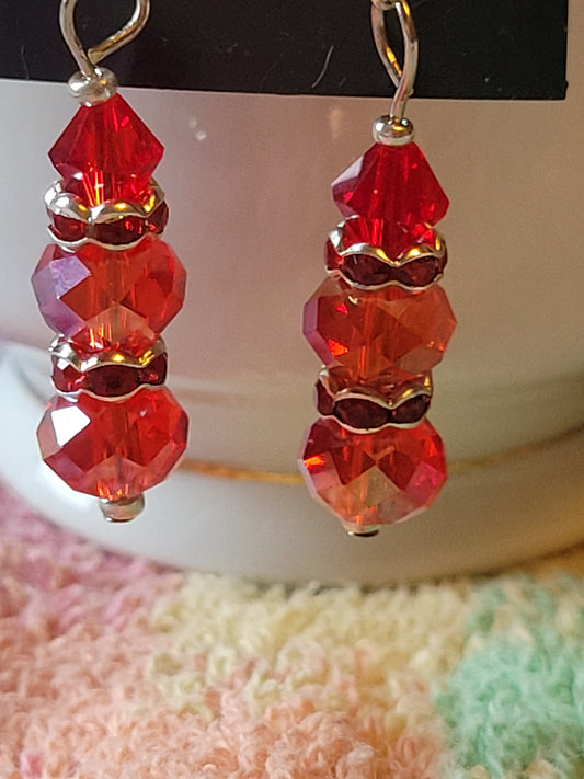 Artisan RED Crystal Dangle Drop  Silvertone Fashion Earrings French Wire