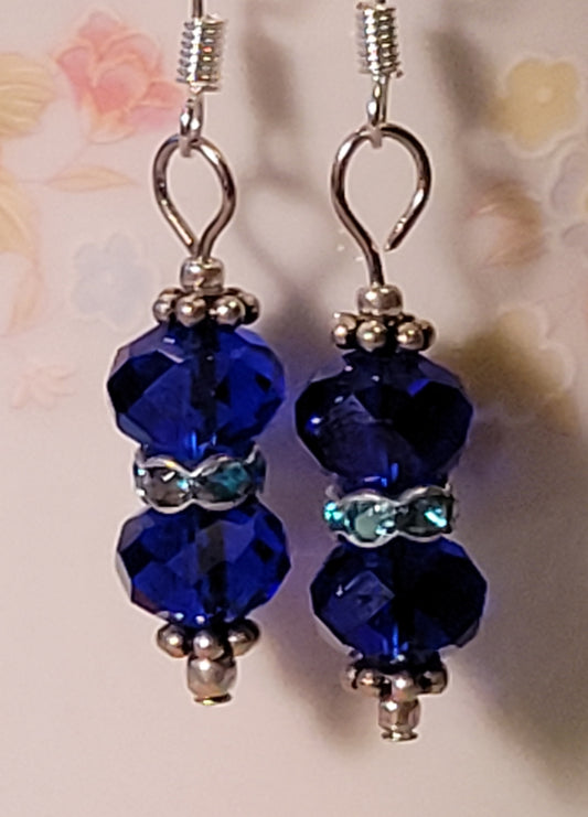 Artisan Royal Blue Crystal Dangle Drop  Silvertone Earrings French Wire