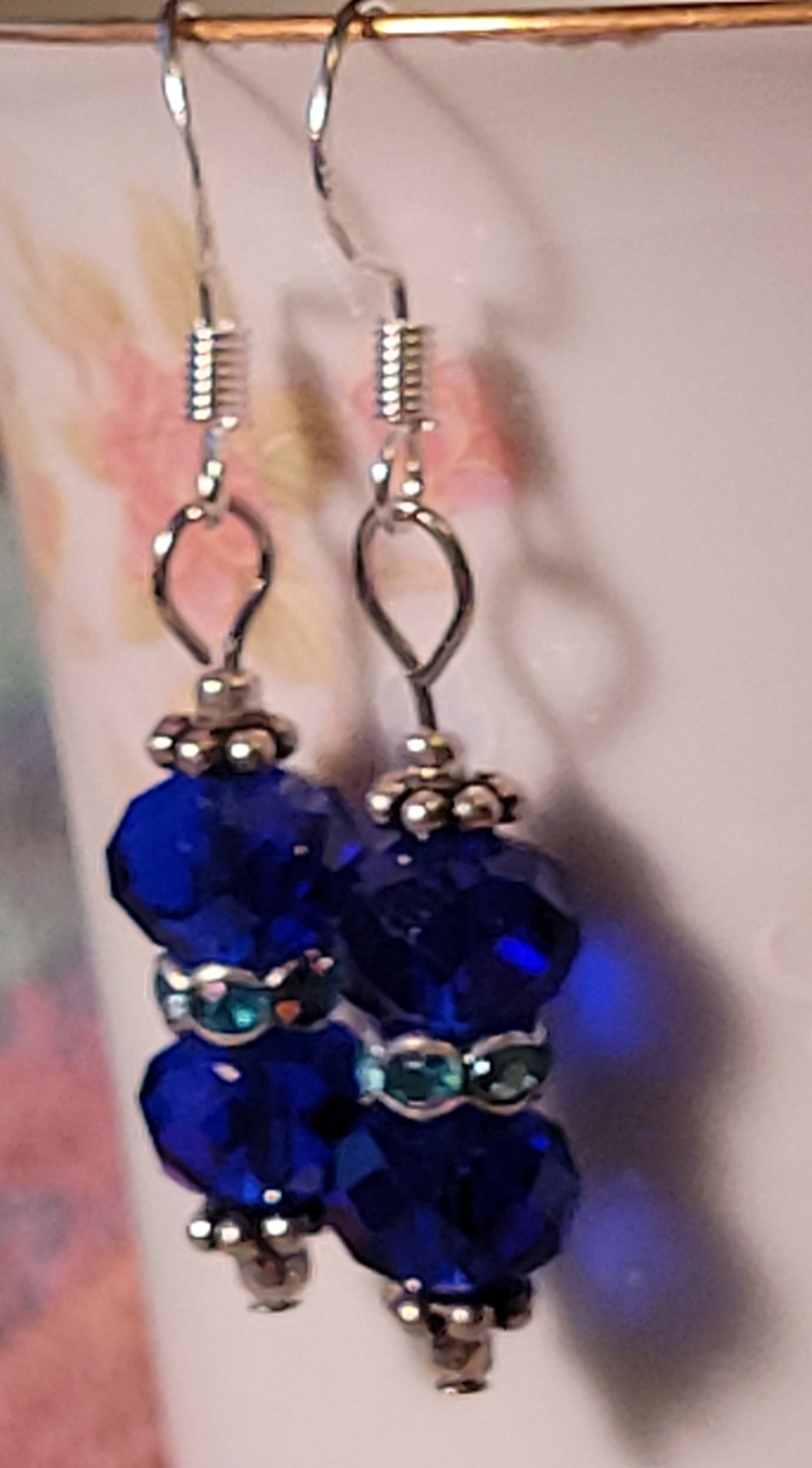 Artisan Royal Blue Crystal Dangle Drop  Silvertone Earrings French Wire