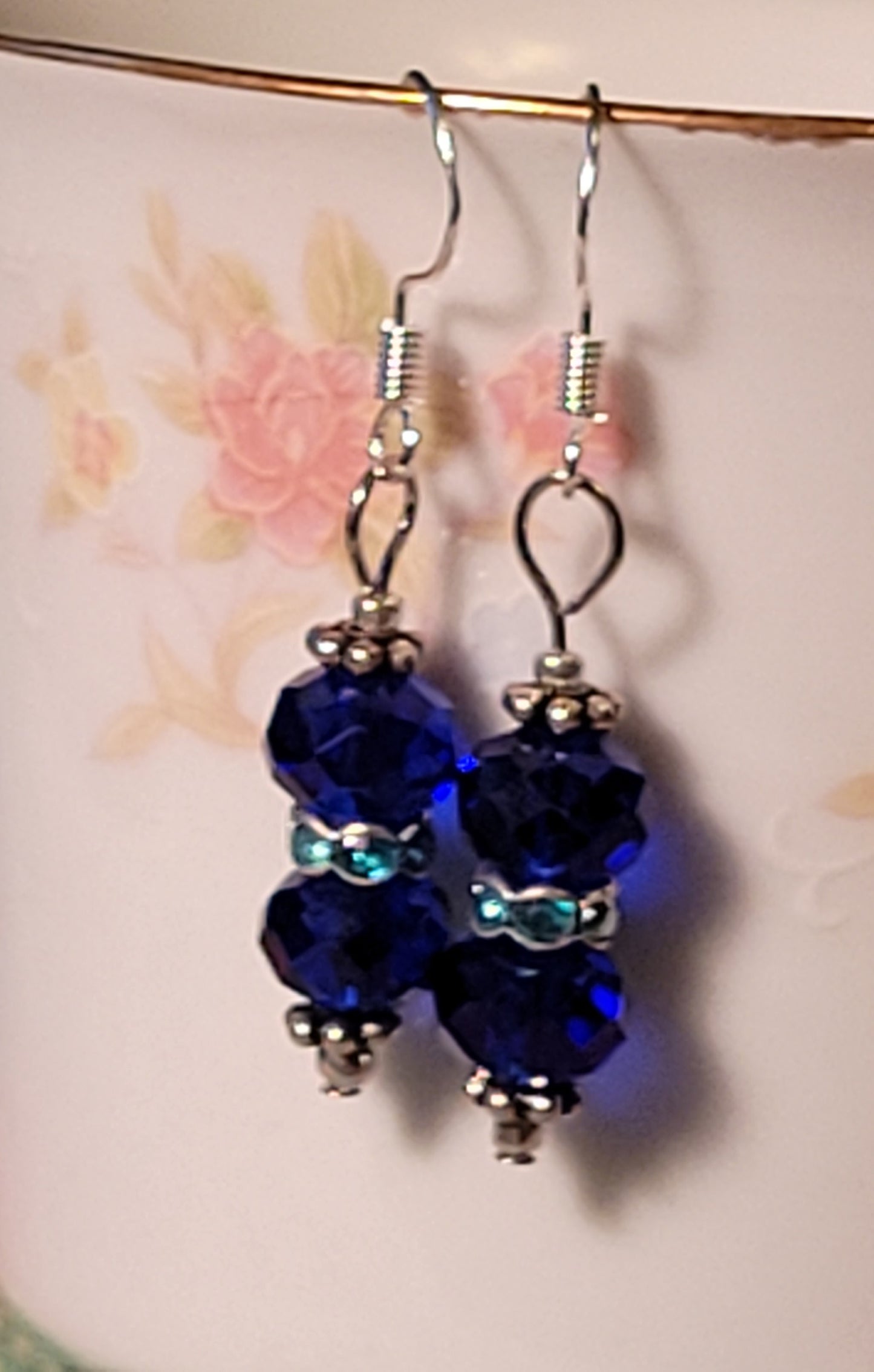 Artisan Royal Blue Crystal Dangle Drop  Silvertone Earrings French Wire