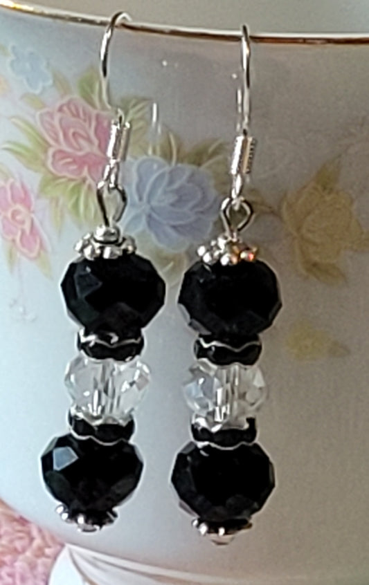 Artisan Elegant Black/Clear Crystal Dangle Drop Silvertone Fashion Earrings French Wire