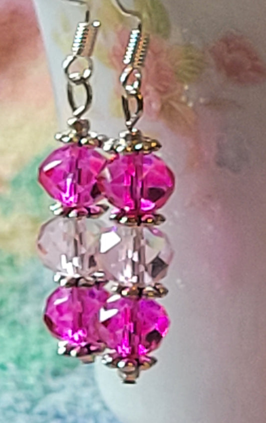 Artisan Elegant Two Tone PINK Crystal Dangle Drop Silvertone Fashion Earrings French Wire