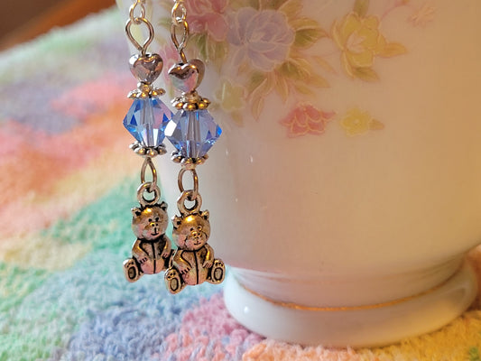 TEDDY BEAR 🧸 Light BLUE Crystal Dangle Drop Silver Tone Pierced Earrings French wires