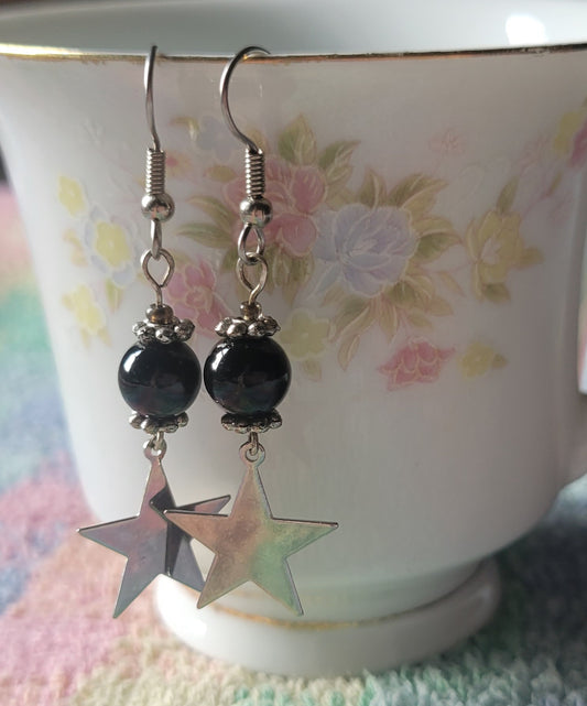 Silver STAR Black Bead Long Dangle Drop Pierced Silvertone Fashion Earrings