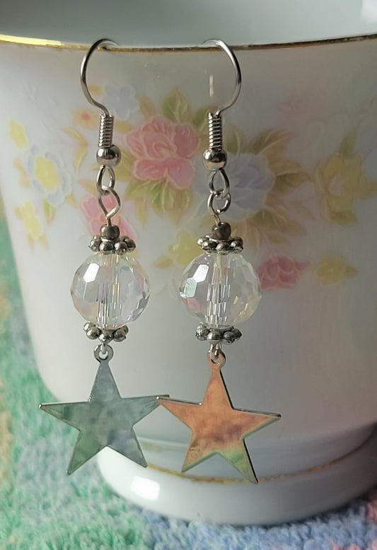 Silver STAR Clear CRYSTAL Long Dangle Drop Pierced Silvertone Fashion Earrings