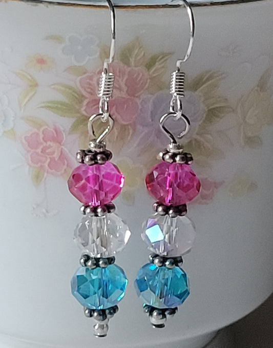Artisan Elegant PINK &  BLUE Crystal Dangle Drop Silver Tone Fashion Earrings