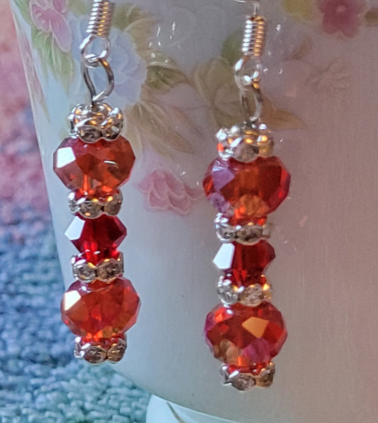 Artisan Elegant RED Crystal Dangle Drop Silver Earrings French Wire