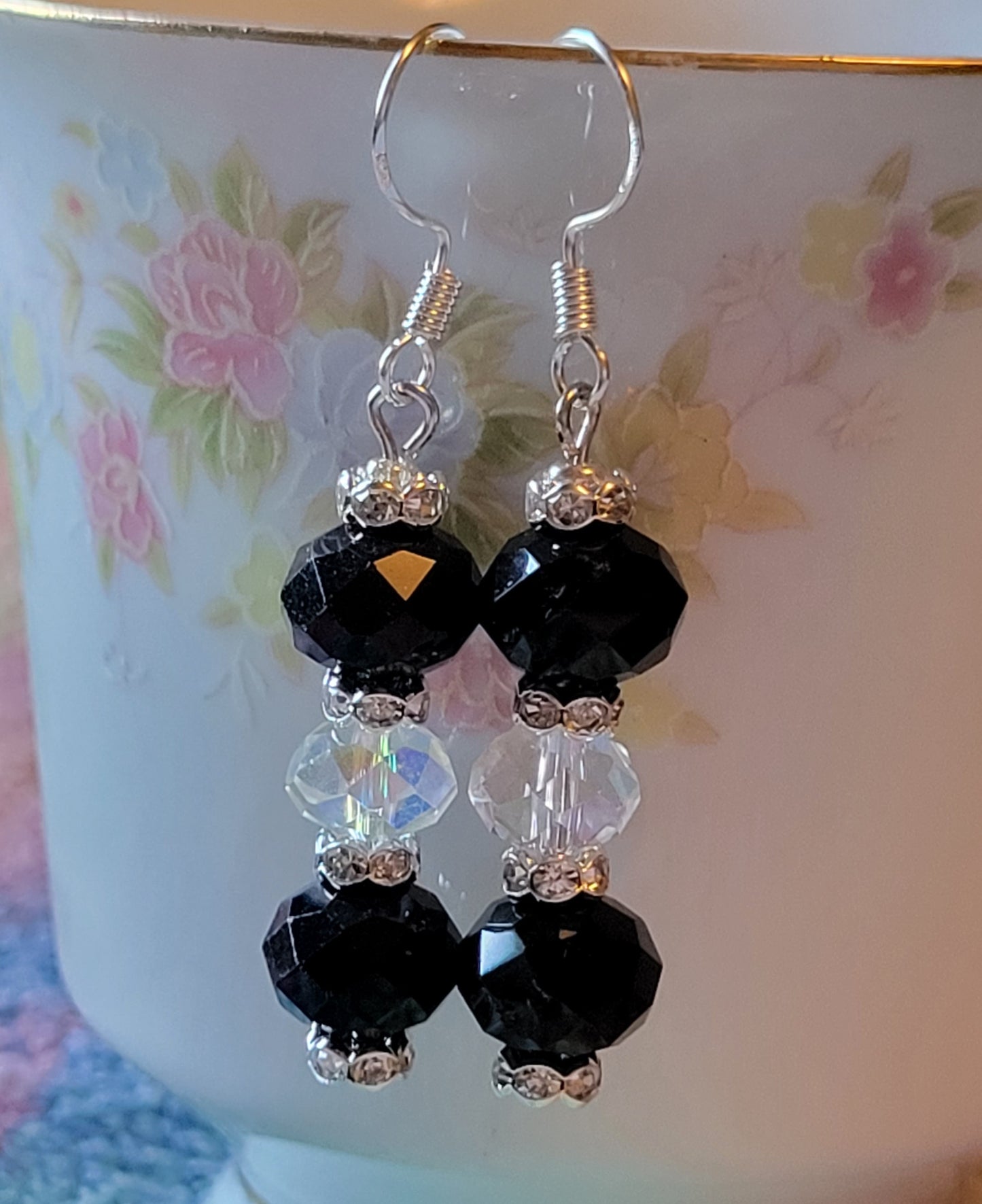 Artisan Elegant Black Crystal Dangle Drop Silver Earrings French Wire