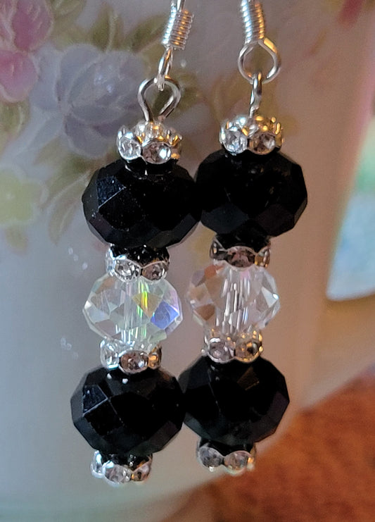 Artisan Elegant Black Crystal Dangle Drop Silver Earrings French Wire