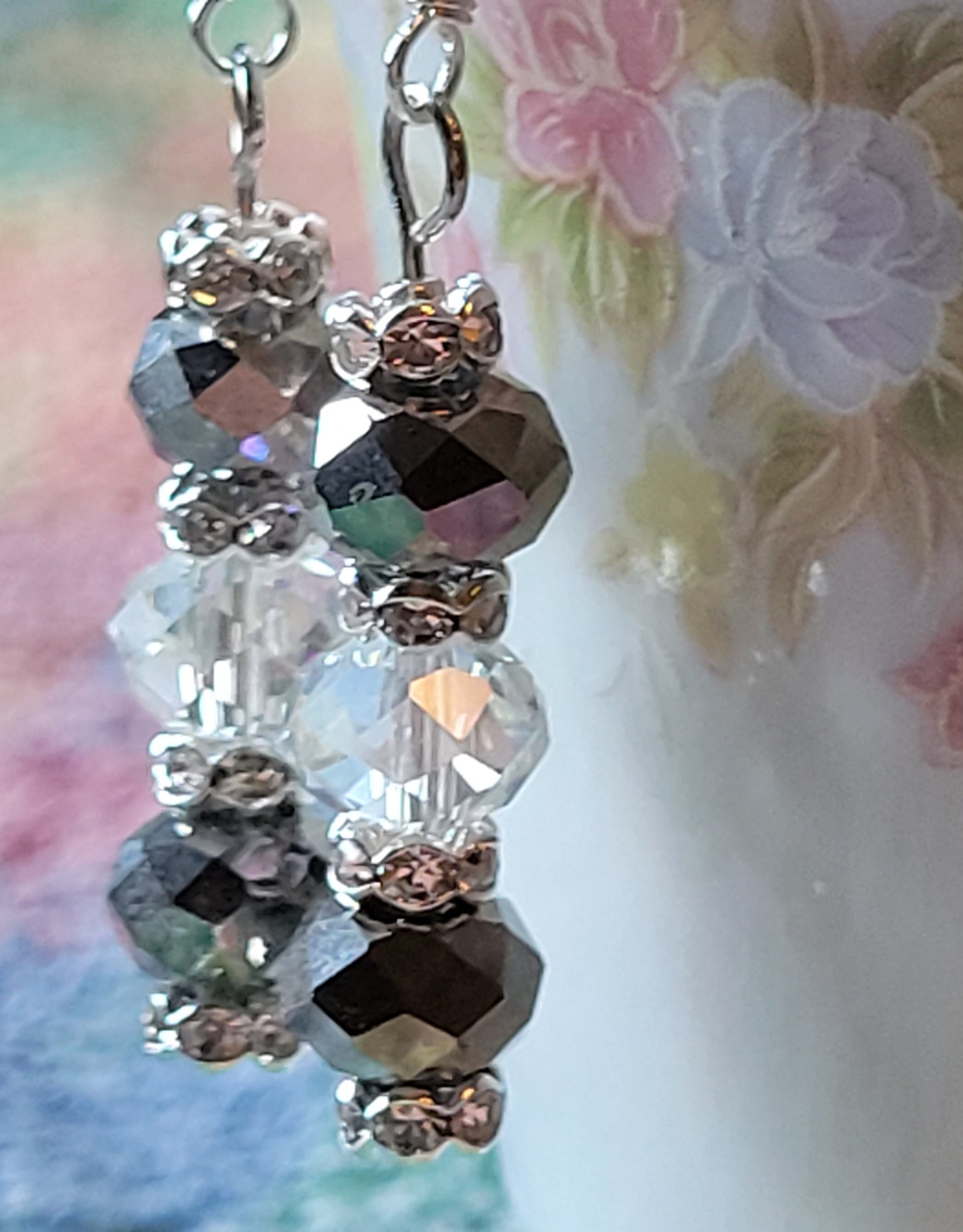 Artisan Elegant GRAY Crystal Dangle Drop Silver Earrings French Wire