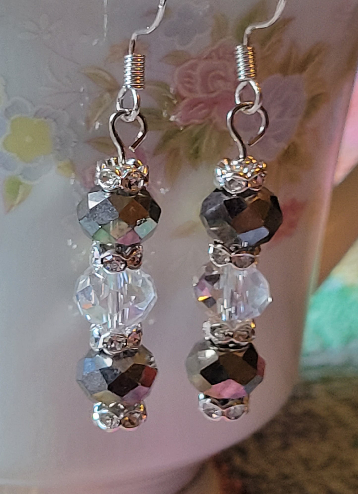Artisan Elegant GRAY Crystal Dangle Drop Silver Earrings French Wire