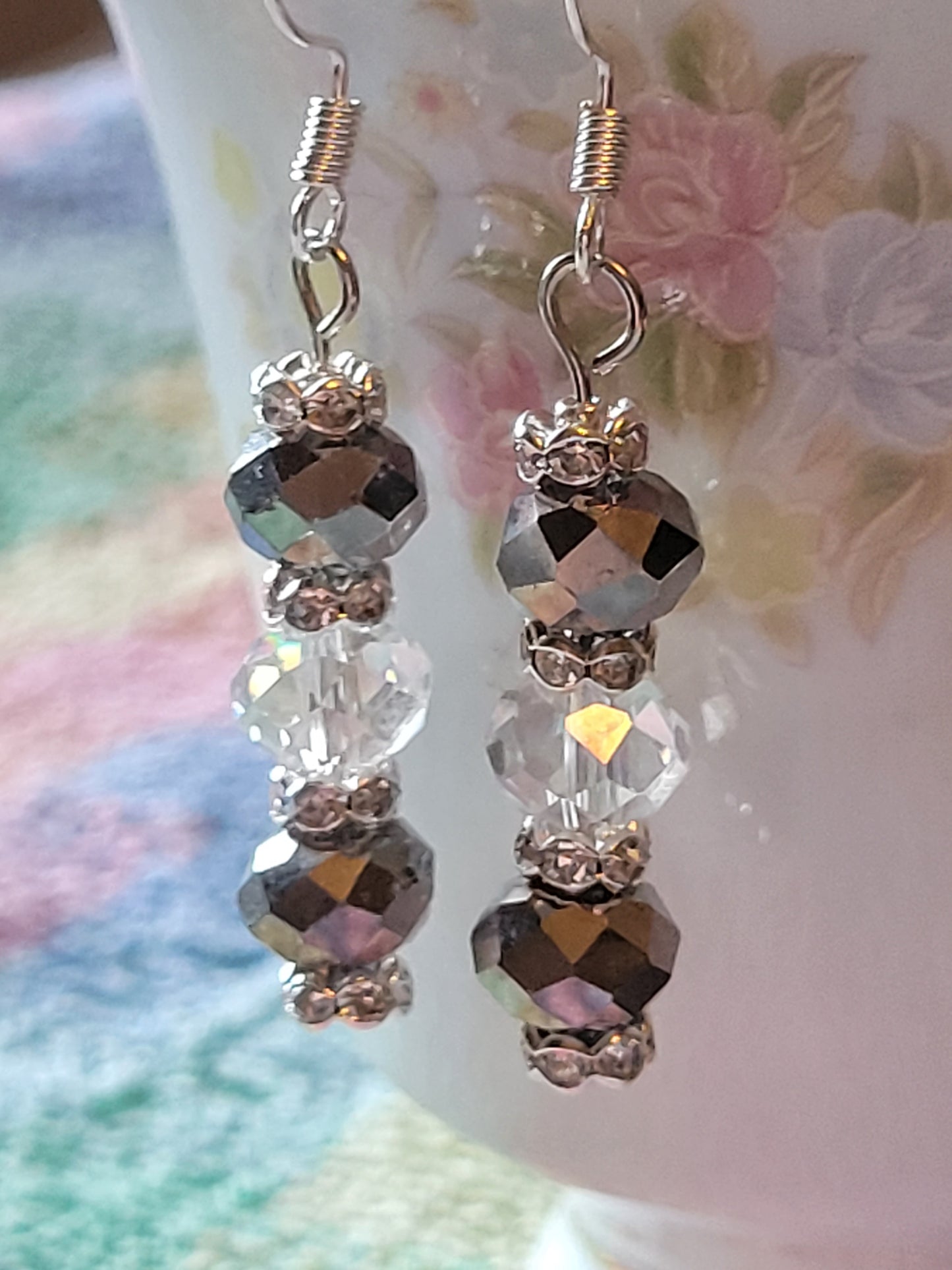 Artisan Elegant GRAY Crystal Dangle Drop Silver Earrings French Wire