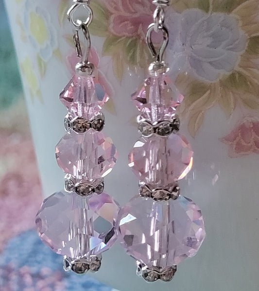 Artisan Elegant PINK Crystal Dangle Drop Silver Earrings French Wire