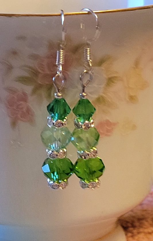 Artisan Elegant Two Tone GREEN Crystal Dangle Drop Silver Earrings French Wire