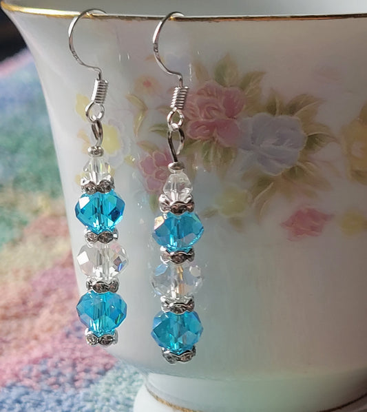 Artisan Elegant Turquoise/Clear Crystal Dangle Drop Silver Earrings French Wire
