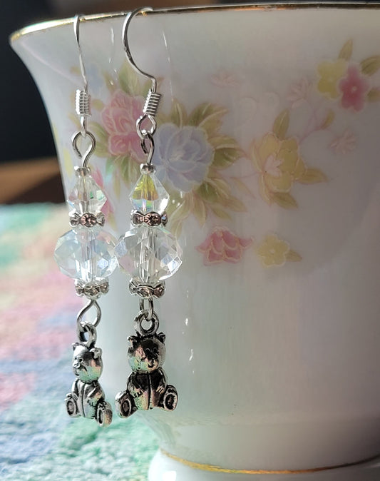 TEDDY BEAR 🐻 CLEAR  Crystal Dangle Silver Tone Pierced Earrings French Wire