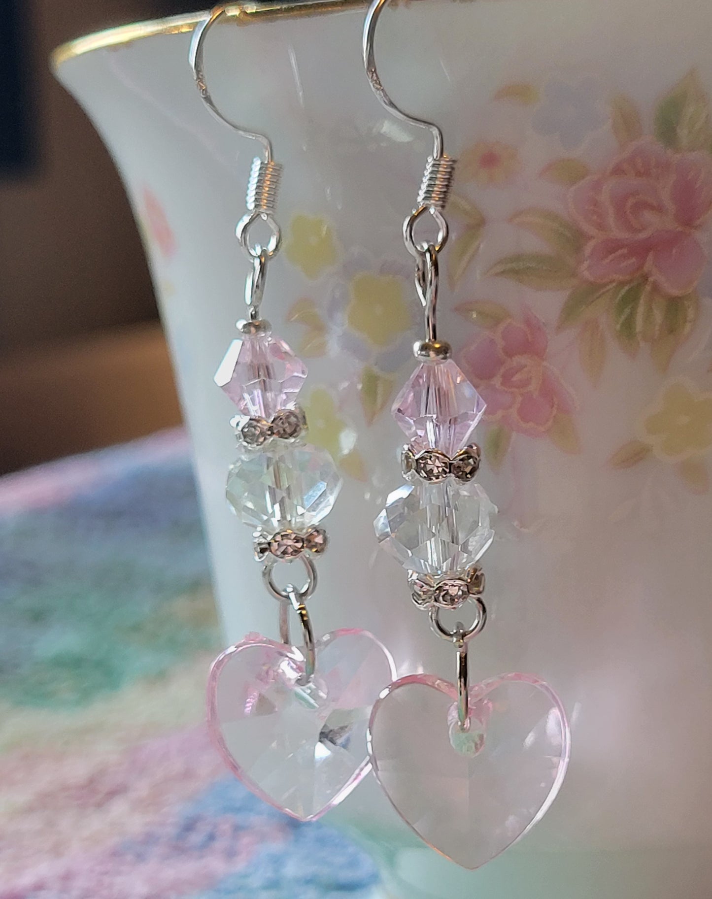 Artisan Elegant PINK HEART  Crystal Dangle Drop Earrings French Wire