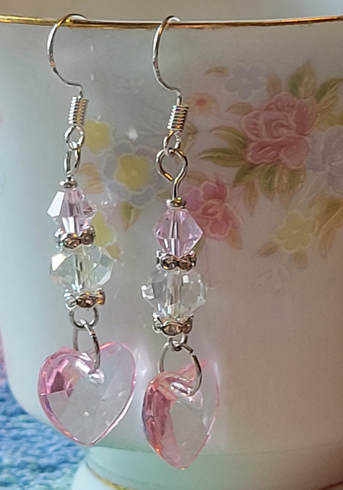 Artisan Elegant PINK HEART  Crystal Dangle Drop Earrings French Wire
