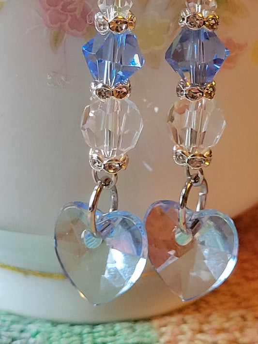 Artisan Elegant BLUE HEART  Crystal Dangle Drop Earrings French Wire