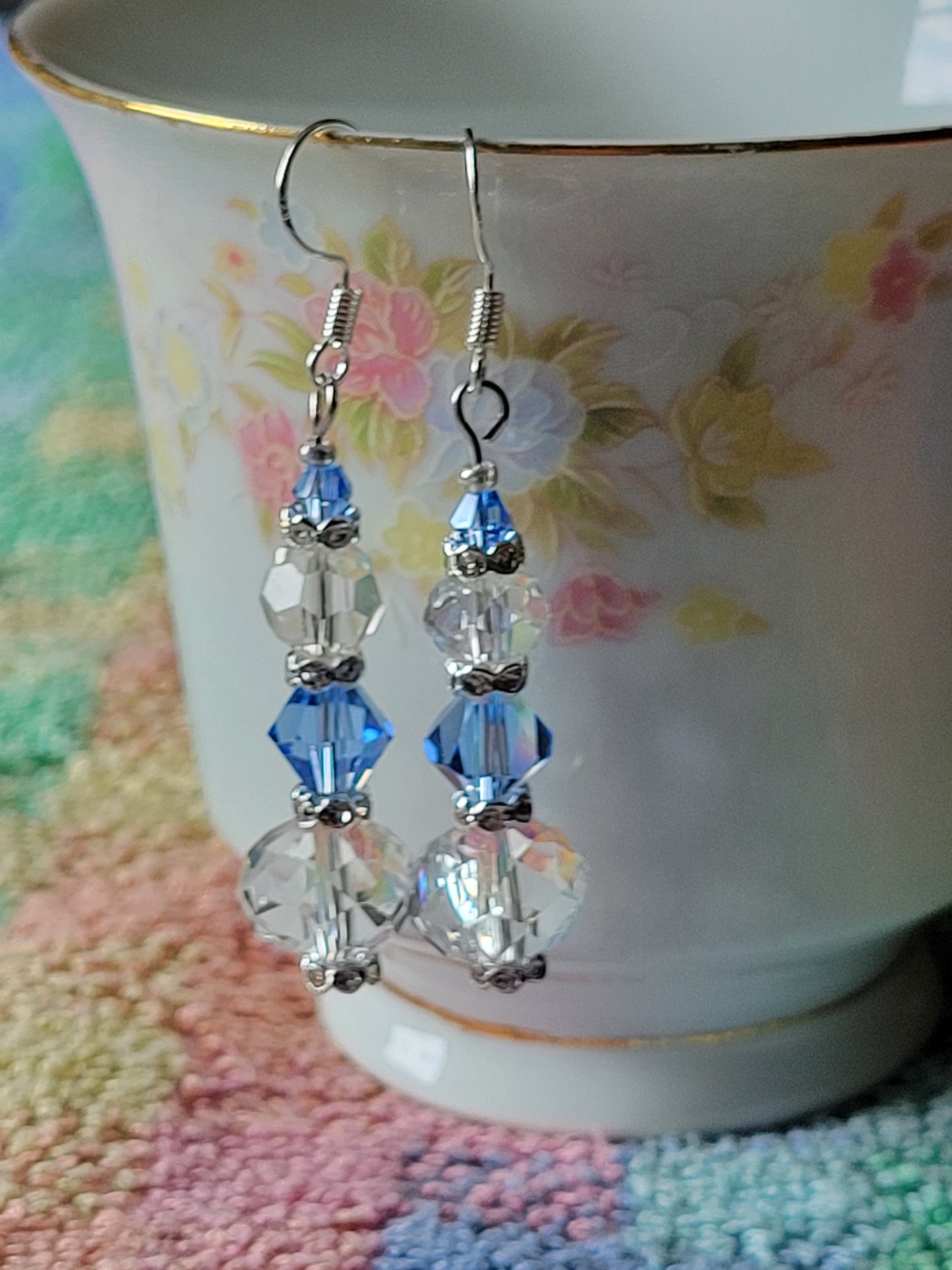 Artisan Elegant Hint Of Blue  Crystal Dangle Drop Silver Earrings French Wire