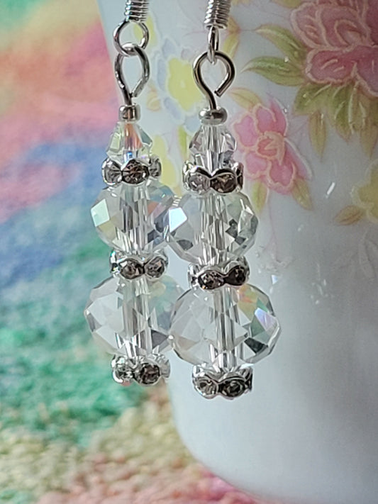Artisan Elegant Simply Clear Crystal Dangle Drop Silver Earrings French Wire