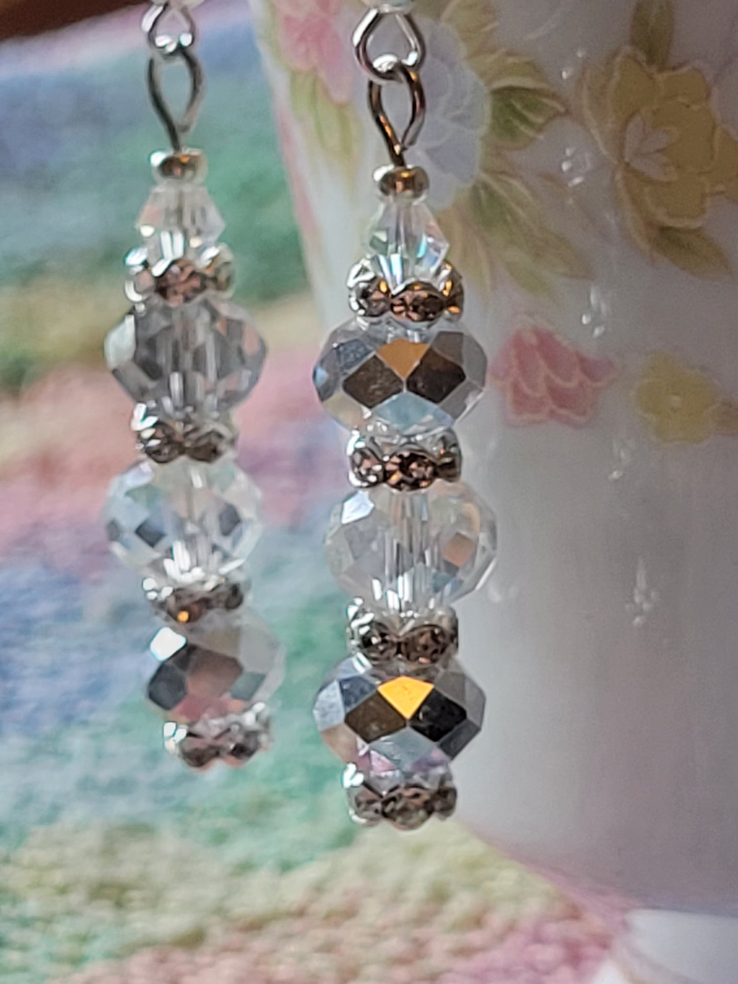 Artisan Elegant Hint Of Gray Crystal Dangle Drop Silver Earrings French Wire