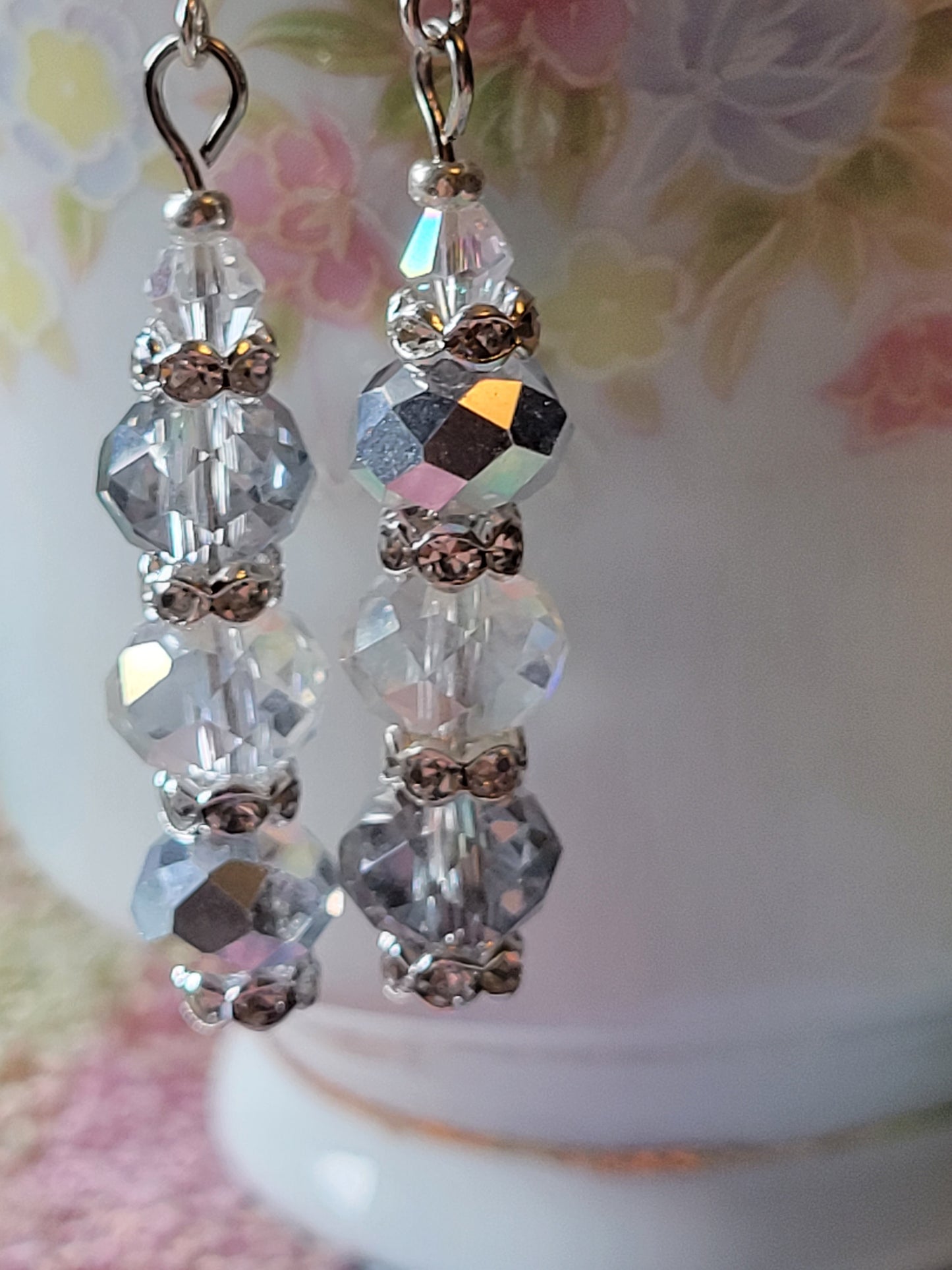 Artisan Elegant Hint Of Gray Crystal Dangle Drop Silver Earrings French Wire