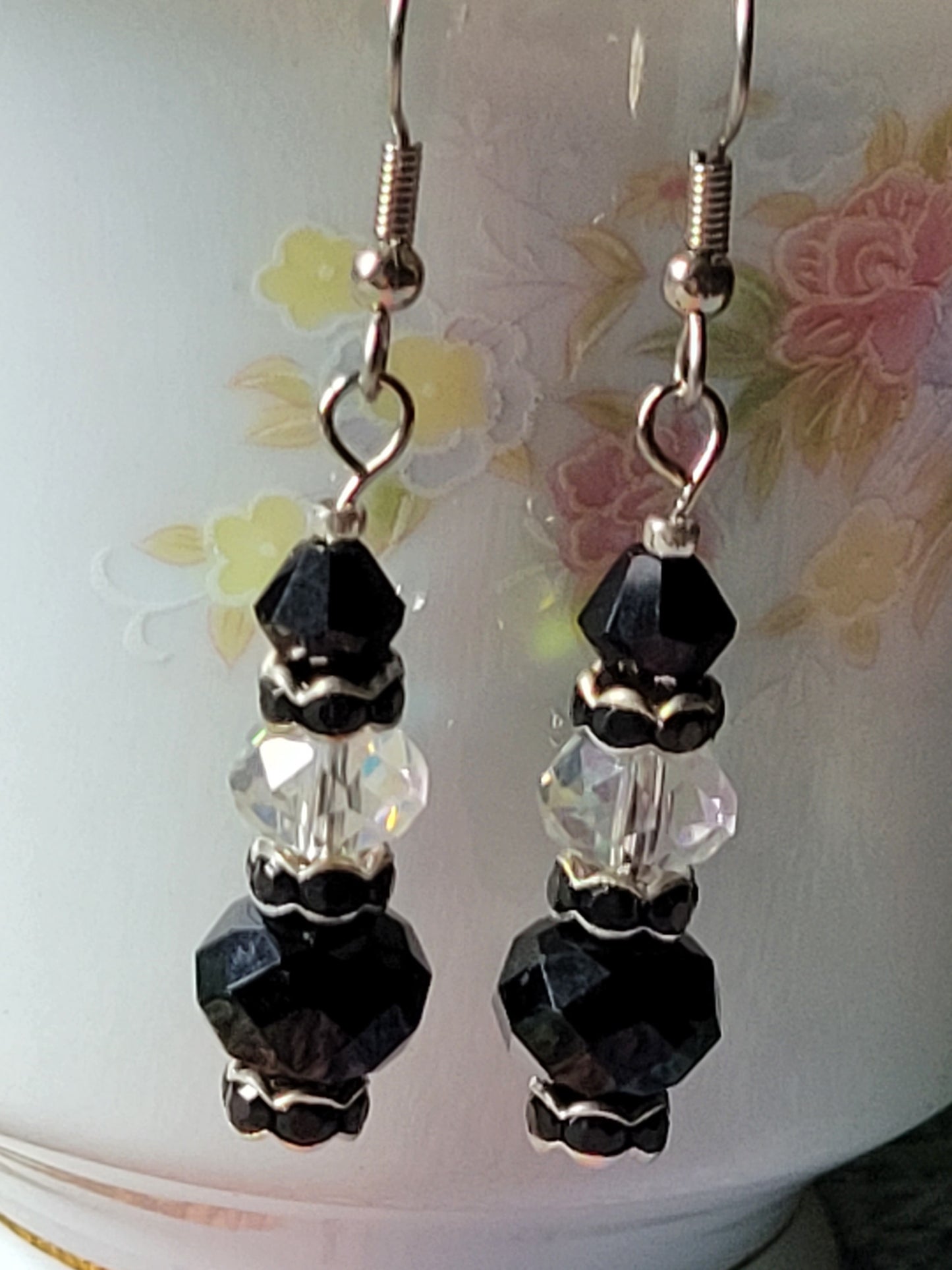 Artisan EXOTIC Black Crystal Dangle Drop Silver Earrings French Wire