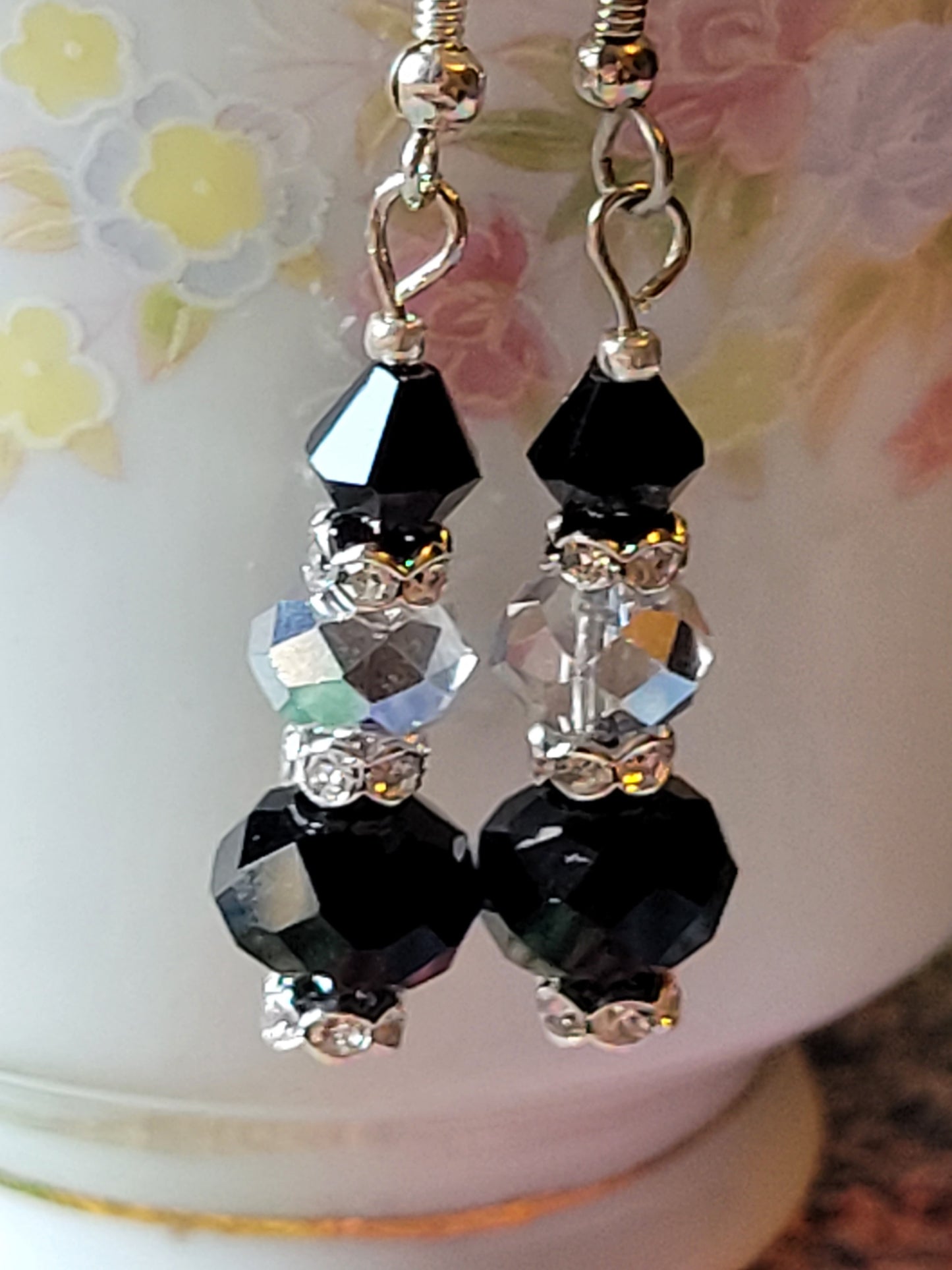 Artisan EXOTIC Black & Gray Crystal Dangle Drop Silver Earrings French Wire