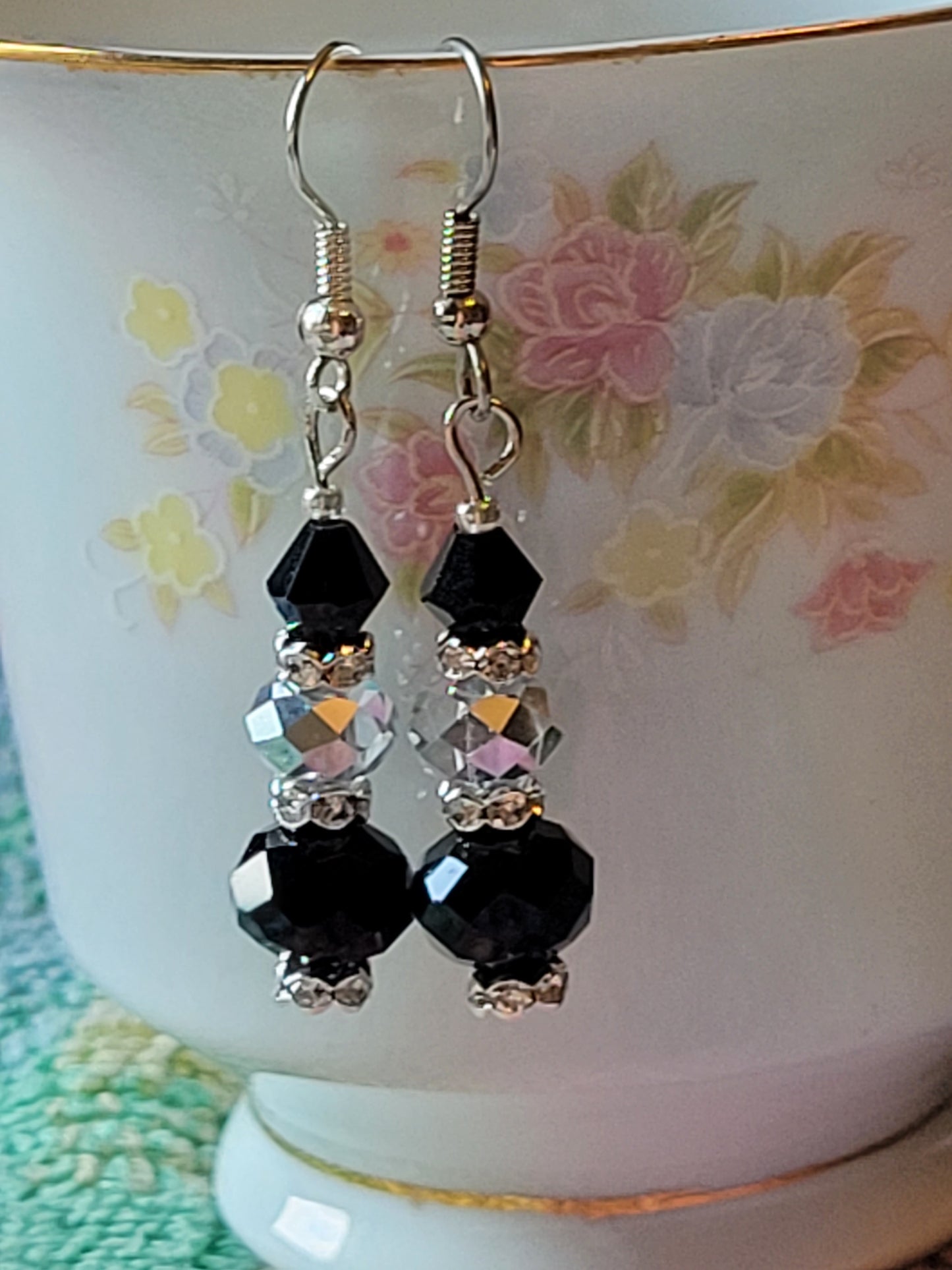 Artisan EXOTIC Black & Gray Crystal Dangle Drop Silver Earrings French Wire