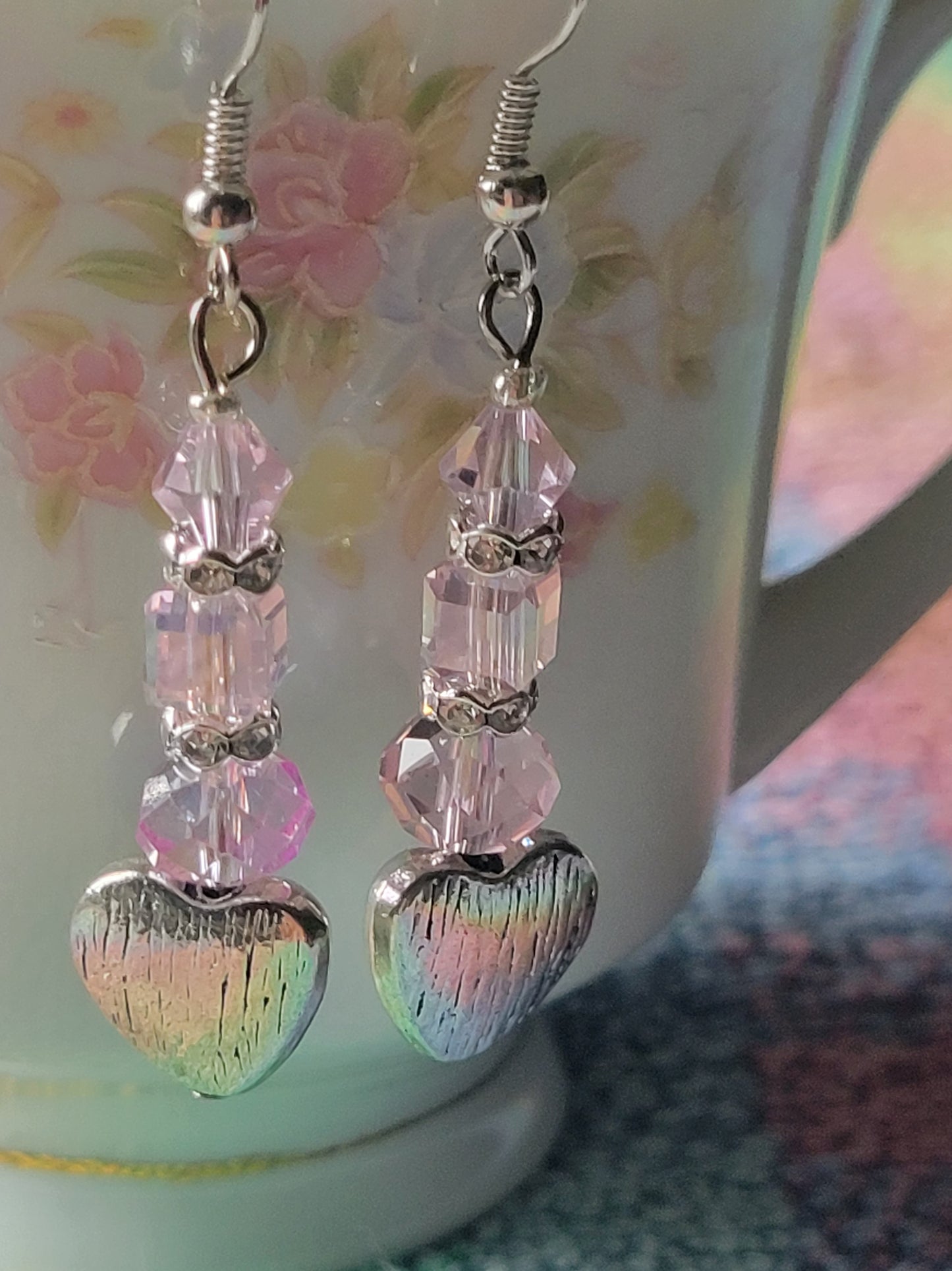 Artisan Elegant PINK Crystal Silver HEART Dangle Drop Earrings French Wire