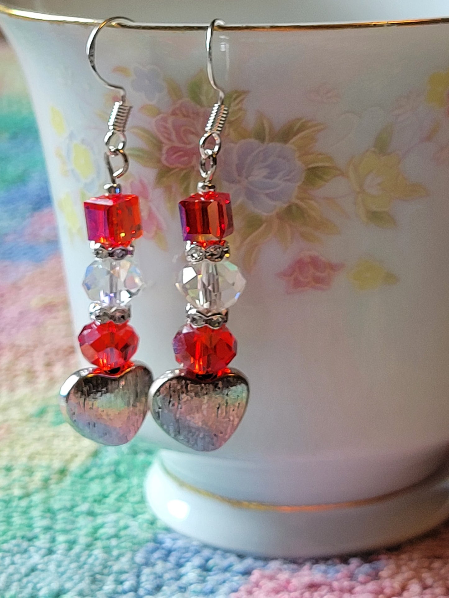 Artisan Elegant RED Crystal Silver HEART Dangle Drop Earrings French Wire